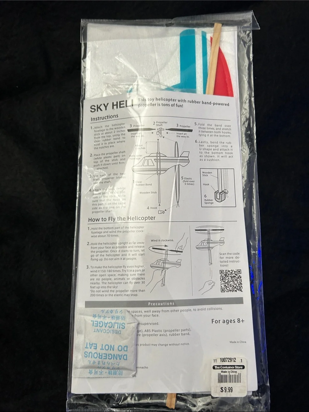 SkyHel Rubber Band-Powered Helicopter - White with Blue & Red Accents